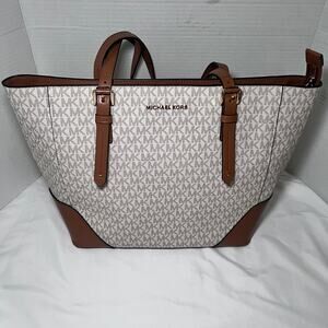 Michael Kors Aria Large Handbag Leather Tote Signature Acorn Vanilla New